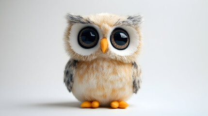 Cute Owl Plush Toy Isolated, Adorable fluffy beige owl with big round eyes and small orange beak, soft plushie animal perfect for gifts, home decor, on a white background studio shot