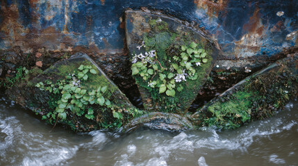 Ship propeller partially submerged in water, close-up of corroded metal and algae growth