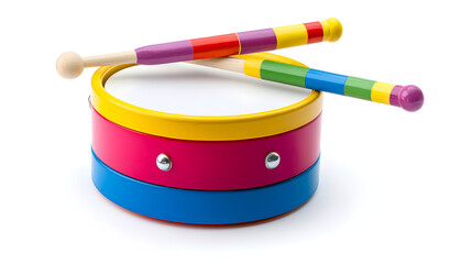 Drum Set Colorful Toy, close-up of a bright and cheerful children's drum set with colorful drumsticks, isolated on a clean white background, showcasing the simple design and vibrant colors