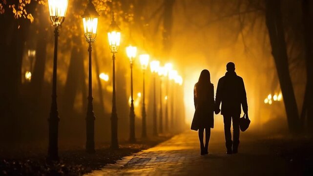 Couple walking hand in hand through a beautifully lit park during a foggy evening stroll