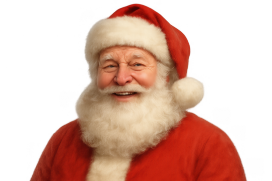 Santa claus portraying a classic character, smiling and looking directly at the camera on a transparent background, perfect for christmas themes