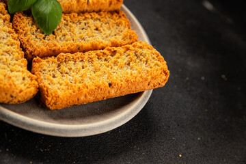Toast bread grilletine breadcrumbs natural product tasty snack fresh delicious gourmet food background on the table rustic top view copy space