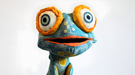 Frog puppet handmade with blue orange fabric and large eyes on a white backdrop, unique textile amphibian toy with exaggerated features for children's play or quirky decor, soft sculpture reptile