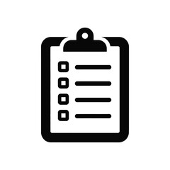 Black clipboard icon with checklist boxes and lines on a white background