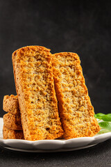 Toast bread grilletine breadcrumbs natural product tasty snack fresh delicious gourmet food background on the table rustic top view copy space