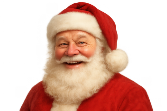 Santa claus smiling portrait, cheerful man with white beard and red hat, bringing holiday joy and christmas spirit, transparent background