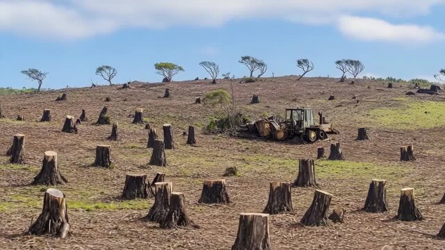 Gen Turbo machine moves through deforested area with cut tree stumps in the background