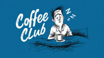 Sleepy Man with Coffee Mug in Bed Illustration