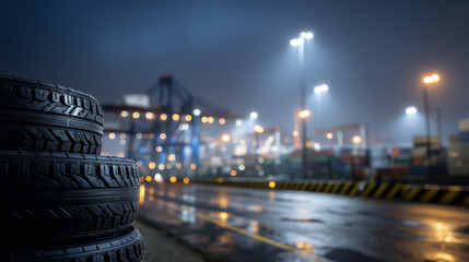 Heavy-duty port tires stacked beside the dock, wet asphalt glistening under floodlights