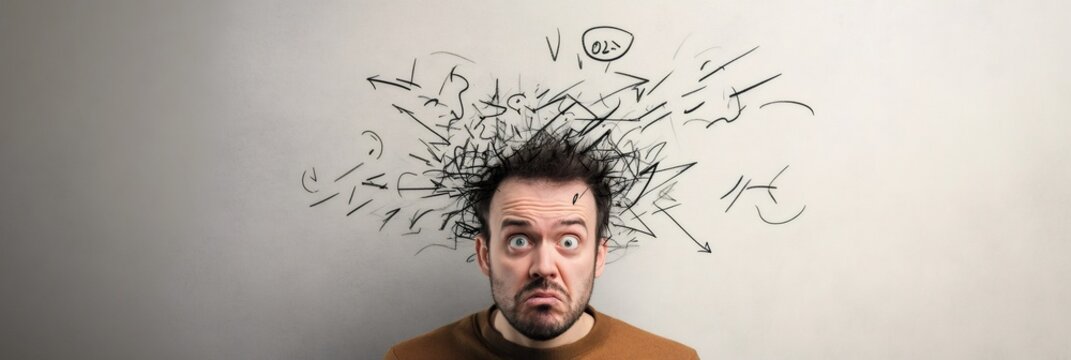 Young man with exploding messy thoughts from his head is feeling stressed and suffering from deadline pressure, experiencing anxiety and burnout