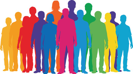 Colorful human silhouettes, rainbow diversity, unity concept, inclusion theme, LGBTQ pride, standing group, abstract people, vibrant colors, symbolic illustration, equality, multicultural crowd,