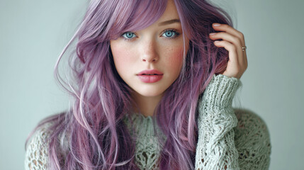 Beautiful Woman with Purple Hair and Striking Blue Eyes