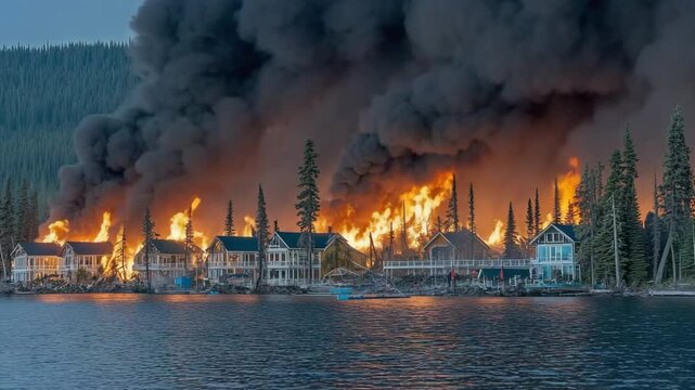 Fire consumes cabins along the lake as smoke blankets the area and flames spread through the trees