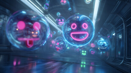 Floating emoji spheres in futuristic corridor 3d rendered