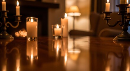 Candlelit Ambiance - Warm Glow and Reflections on Wooden Surface.