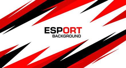Abstract esports background design featuring dynamic red and black geometric shapes on a white backdrop.
