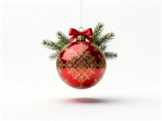 Red Christmas ornament with gold pattern, red bow, and pine branches on white background