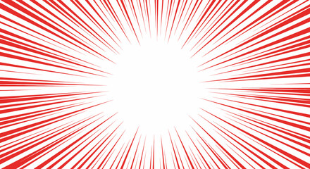 Red and white Japanese manga-style background with radial speed lines creating a dynamic explosion effect.