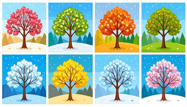 Eight cartoon trees depict four distinct seasons, two examples each. Each tree displays characteristic foliage and backdrop, creating a colorful display
