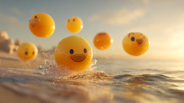 Smiling emoji spheres in ocean waves