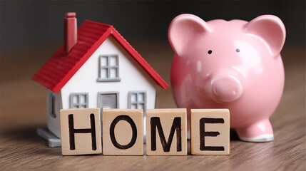A charming display featuring a miniature house, a pink piggy bank, and wooden letters spelling 'HOME'