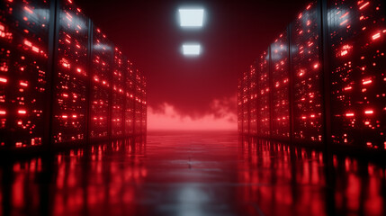 Dramatic low-light composition of data center servers under red emergency lighting, misty atmosphere emphasizing the urgency of a system alert