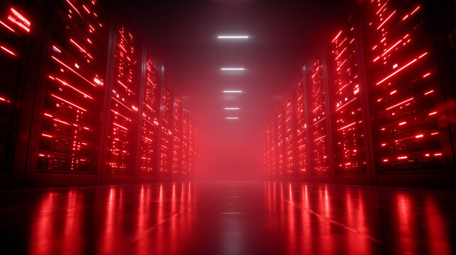 Dramatic low-light composition of data center servers under red emergency lighting, misty atmosphere emphasizing the urgency of a system alert