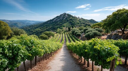 Obraz premium Panoramic Wide Angle View of Lush Green Vineyard Rows on a Sunlit Hillside Leading to a Distant Village Under a Clear Blue Sky