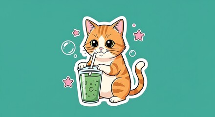 Cute Orange Tabby Cat Enjoying a Refreshing Green Drink.