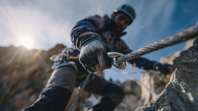 Focused macro of metal and motion a climberâs hand clipping a carabiner into place, sunlight reflecting off steel and rope fibers
