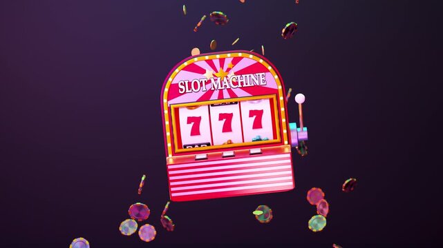 3D slot machine animation with spinning reels, jackpot 777 combination. Concept of winning, success, fortune, and luck. Realistic motion graphics for casino, online gambling, mobile game, advertising