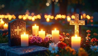 Solemn All Souls Day Vigil: Gentle Light of Candles on Graves Illuminating Flowers and Crosses in a Dark Cemetery