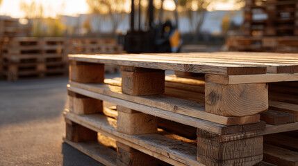 Close-up of stacked wooden pallets outdoors, golden sunset light illuminating the rough, splintered texture of aged timber and casting long soft shadows