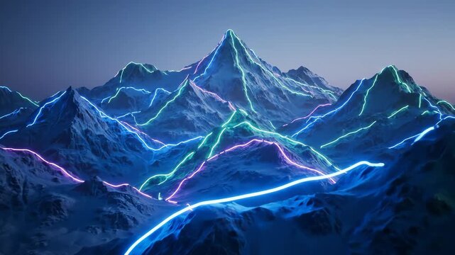 Futuristic neon lines streaming across mountain ranges in twilight, high-definition 3D animation