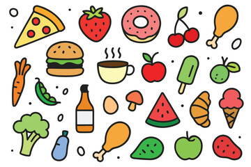 fruit and vegetable vector icon pack A colorful collection of flat design fast food icons. Vector graphic elements set of junk food symbols like hamburgers and french fries, eps 10