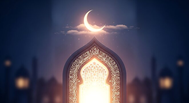 A glowing crescent moon shines above an ornate Islamic archway with lanterns in the background.