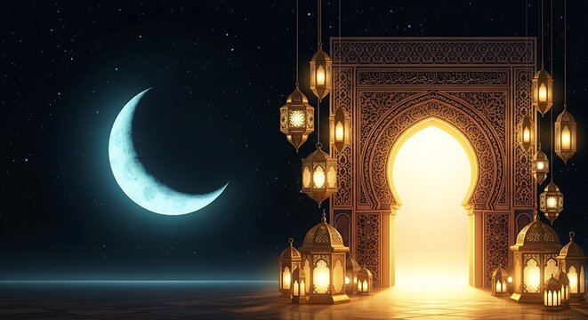 A crescent moon hangs in the starry night sky above an ornate, glowing archway adorned with traditional Islamic lanterns.