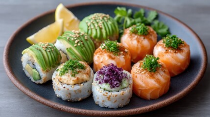 Rustic Dark Plate Showcases Assortment of Sushi Rolls Featuring Avocado Salmon and Sesame Seeds with Lemon Wedges and Parsley Garnish