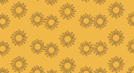 Repeated sun outlines on a yellow background create a pattern. Simple design and warm tones