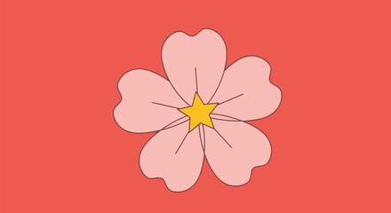 A stylized pink flower with a yellow star center sits centered on a coral background