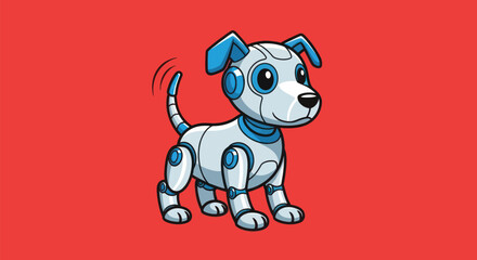 A friendly, robotic dog stands on a red background. Tail wags, smiling