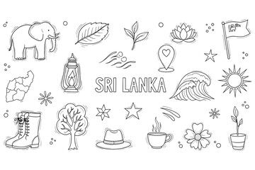 Sri lanka themed doodle art: elephant, leaves, map, wave, flag, lantern, nature