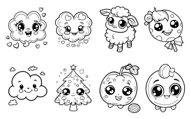 Fototapeta premium Cute kawaii drawings of cloud sheep tree apple and circle characters with adorable faces
