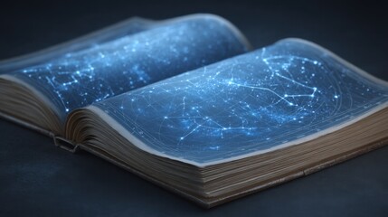 Open Book Displaying Astronomical Charts and Star Constellations with Bright Blue Connections for Educational Purposes