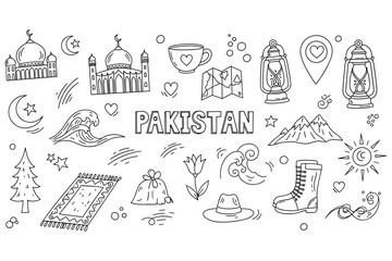 Fototapeta premium Doodle art featuring iconic symbols of pakistan in monochrome