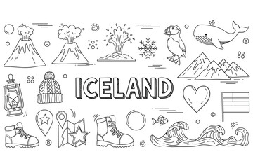 Iceland elements: volcanoes, puffin, whale, waves, mountains, map