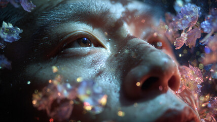 Close up of human face with glowing flowers and bioeconomy concept showing delicate skin texture and emotional expression in soft light