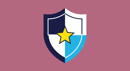A shield icon features a star, divided by colors, set against a pink-brown background
