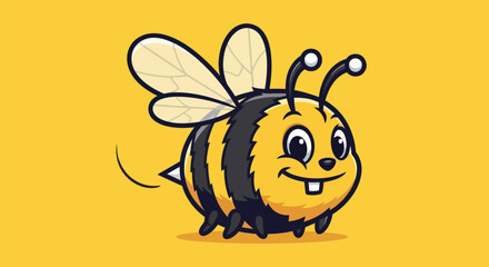 A cartoon bee with a friendly face, black and yellow stripes, and large, bright wings