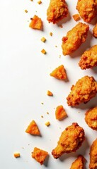 Scattered pieces of crispy fried chicken on pure white backdrop , golden, golden brown, meal
